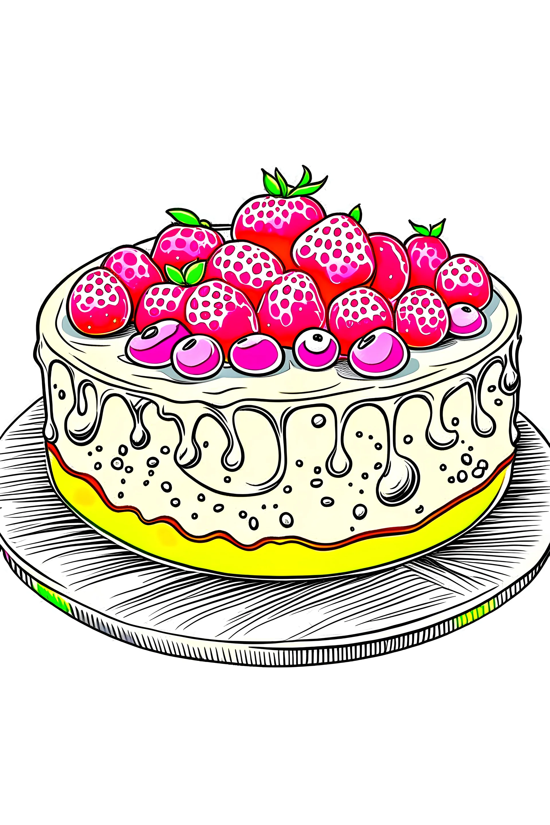 an outline of a cheesecake with berries on top , white background, sketch style, full body, only use outline, smooth lines, clean line art, white background. No shadow clear and well defined .