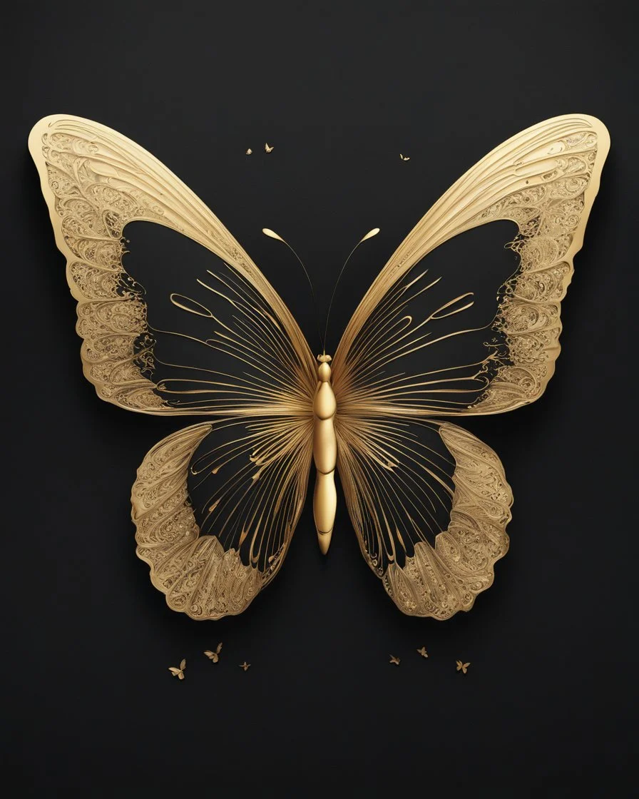 Mesmerizing minimalist illustration features an elegant, meticulously crafted golden butterfly. The simple yet sophisticated design contrasts sharply with a black background. The butterfly's wings exhibit a harmony that shows the artist's mastery in fusing typography and visual art. This striking piece radiates a sense of refined elegance and sophistication, captivating the viewer's attention with its subtle complexity.