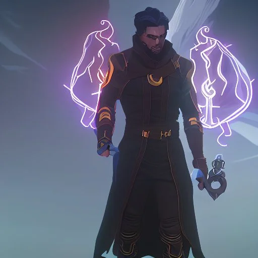 A commander in matte black robes with flaming eyes with flaming light blue pupils stands atop a squire Two infinity gauntlets contain six infinity stones, one of which is made with nano In the hands of a powerful man walking While standing on a majestic height from afar