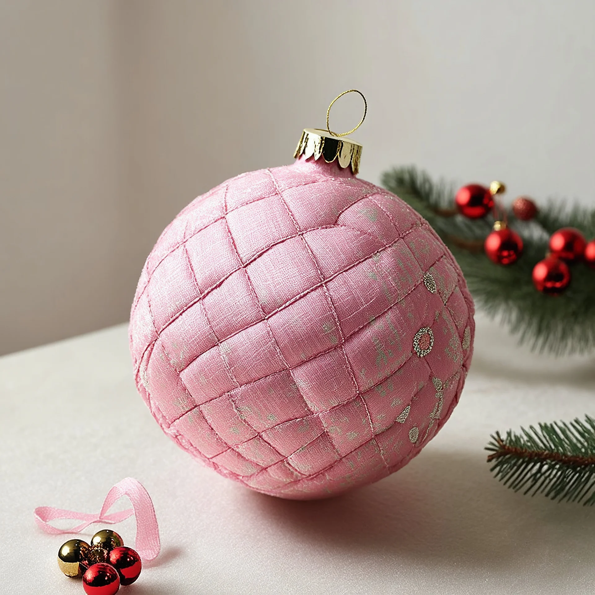 boule de Noël en tissu matelassé rose