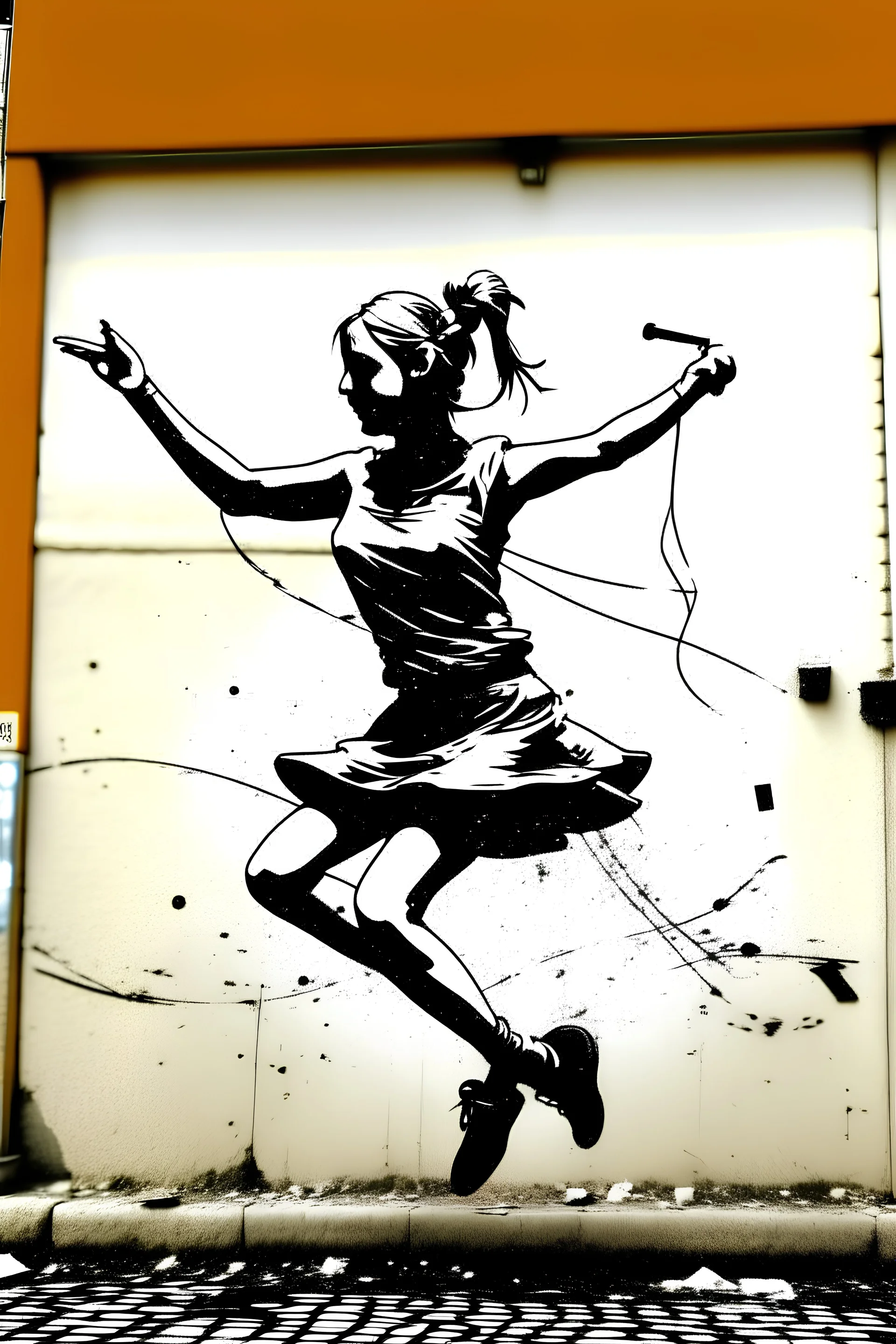 having fun dancing young woman drawing banksy