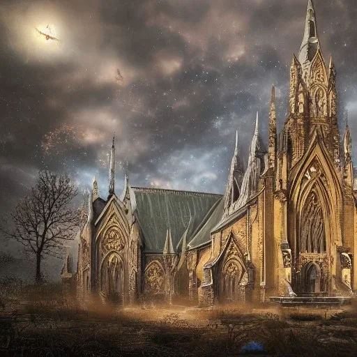 Insanely detailed photograph of an “ gothic church” with intricate detauled clouds, intricate embroidered band of stars, hyperdetailed painting by Ismail Inceoglu Huang Guangjian and Dan Witz CGSociety ZBrush Central fantasy art album cover art,8K, hdr, romantic, mysterious, ominous, flowers, jewelry, steam,oil,cafe,street vendor,steamship,D&D