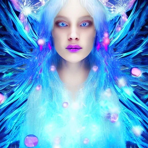 Face Angel crystalline,blond hair, blue eye ,pink , cosmic, opalescent, gemstones, crystals, other worldly,water,bright, ice background, snow lake blue