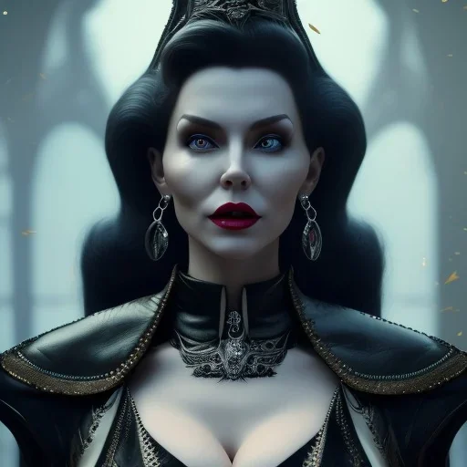 Teresa Orlowski as evil queen in black leather, busty, cleavage, angry, stern look. character design by cory loftis. unreal engine 5, artistic lighting, highly detailed, photorealistic, fantasy