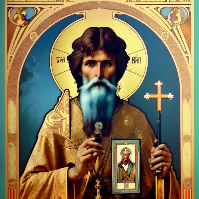 patron of photographers. holding a camera in hands. orthodox icon with saint photographer. Cyrillic inscriptions. hyperdetailed, Alphonse Mucha, Zdzisław Beksiński, poster, illustration, ink, oil on canvas, 18th century atlas