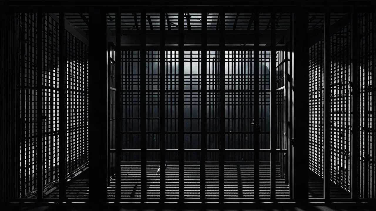 close up parallel prison window bars in foreground, dark prison cell behind them, hidden dark human face partially visible through the window bars, pale light, shadows in background, ultra realistic, dark atmosphere, high contrast shadows, dark vibe