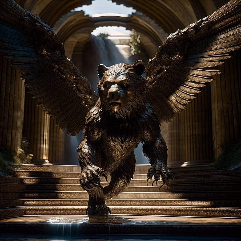 portrait fantastic flying winged bear with dark shadow creature behind in front of a staircase into a portal to the desert in the middle of a waterfall, photo-realistic, shot on Hasselblad h6d-400c, zeiss prime lens, bokeh like f/0.8, tilt-shift lens 8k, high detail, smooth render, down-light, unreal engine, downlight, prize winning