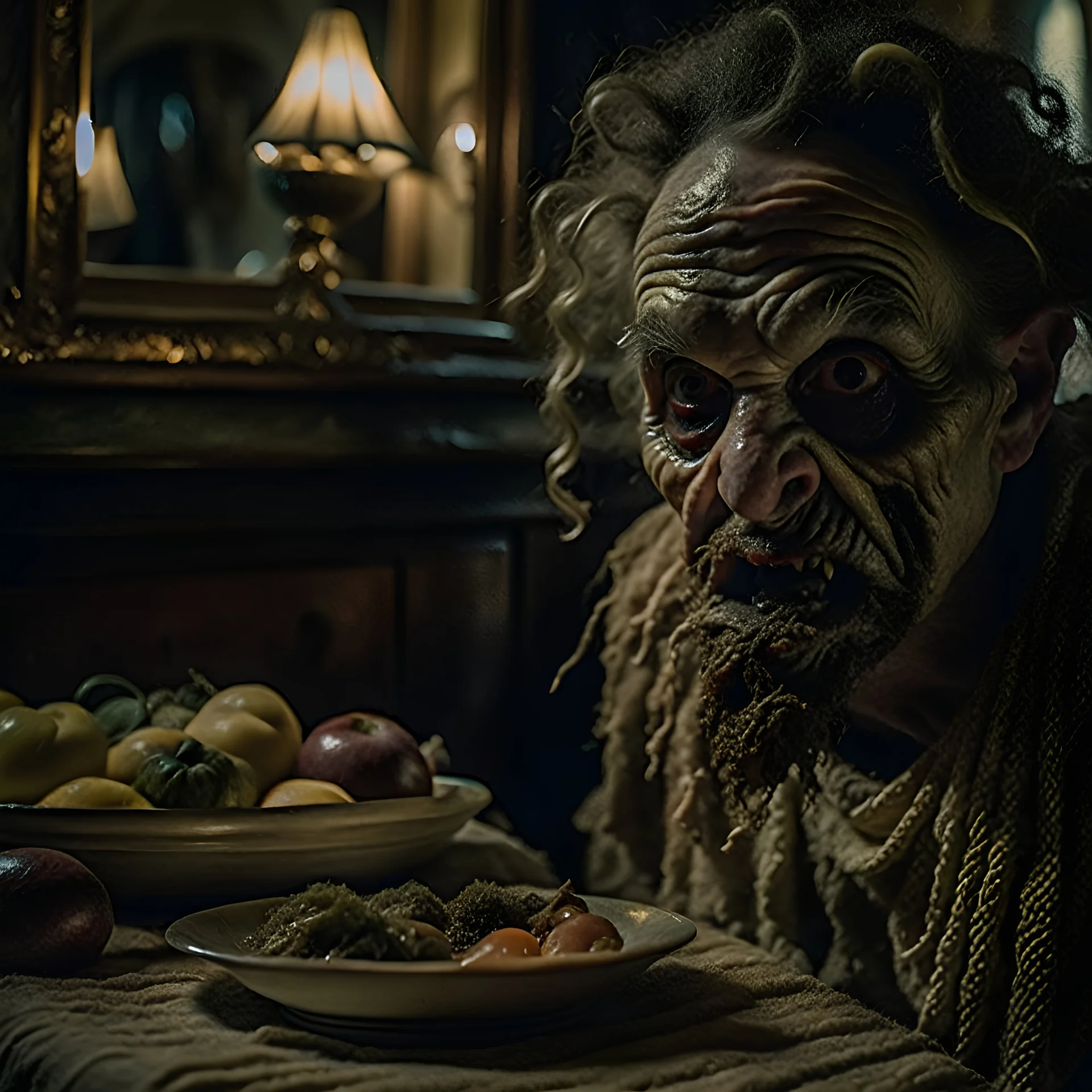 Strong texture, photorealism, Caravaggio, Arcimboldo. Intricate patterns, hypermaximalist. Photo made of inside house, an eerily mysterious, hidden and odd person is eating, a witchy house, sober style, pastel colors. Movie shot, spooky. Sinister scribbles, 33mm photography. Beasts