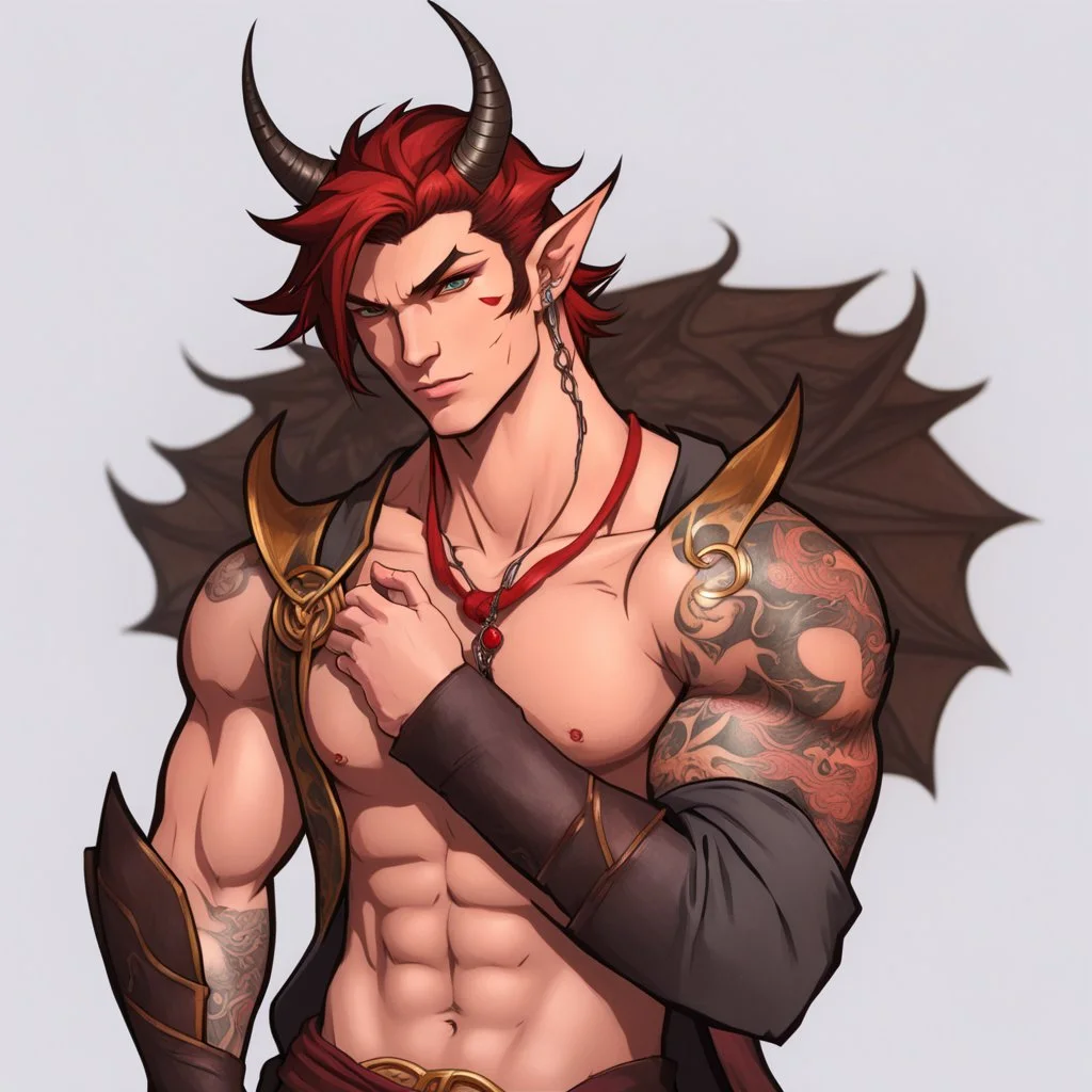 A Young Adult Male. A unique blend of Wood Elf and Red Tiefling features. His handsome face contrasts with the Yakuza dragon tattoos that completly cover his back, arms, and legs. He is wearing a torn coat, he also has earings. A physique that is strong and well-built, resembling a Fighter.