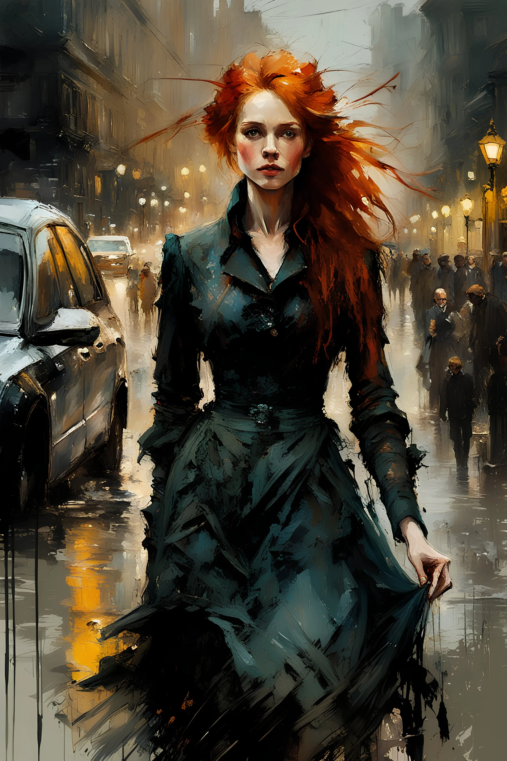 Redhead russian girl 28yo smeared with dirt and grease in a disheveled victorian dress investigating a crime in london :: digital matt painting with rough paint strokes by Jeremy Mann + Carne Griffiths + Leonid Afremov, black canvas