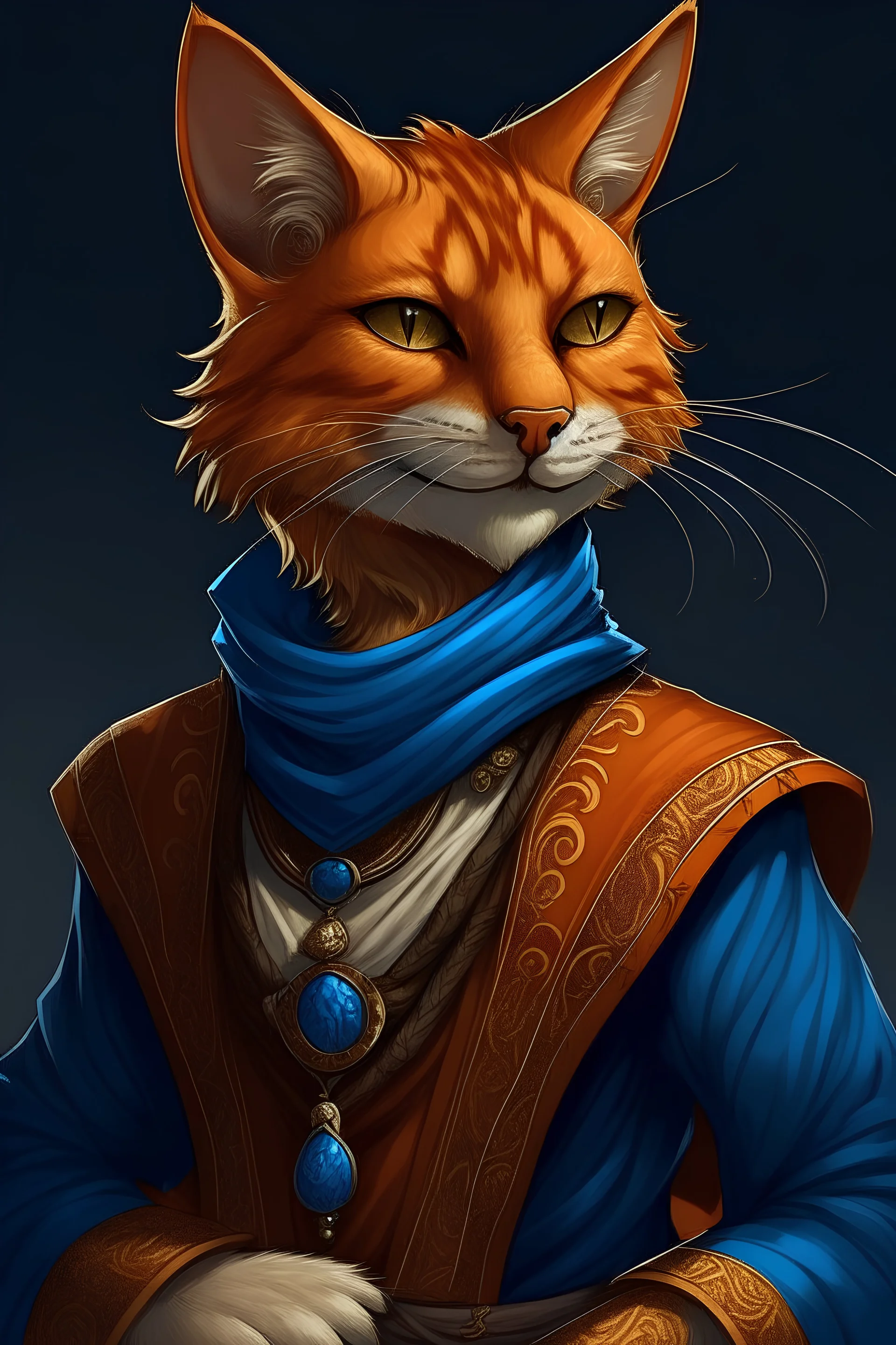 portrait of a Tabaxi female bard in D&D style, orange fur, blue eyes, feline facial features, stance conveying allure, intricate costume design, prohibition era dress,