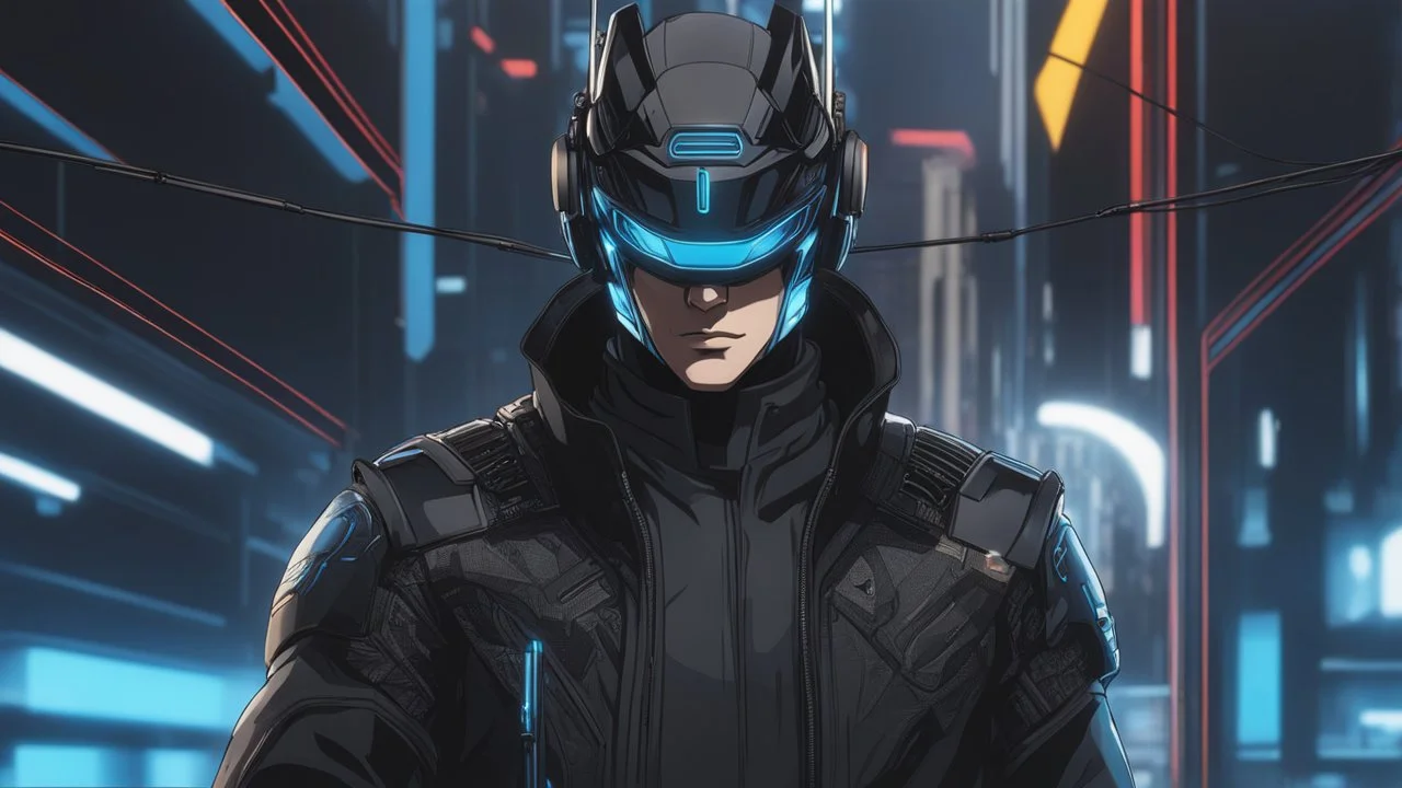 A man wears a black glass Cyberpunk helmet , full helmet Class, Changshan, black and blue color, solo leveling shadow drawing style, neon, intricate details, highly detailed, high details, detailed portrait, masterpiece,ultra detailed, ultra quality