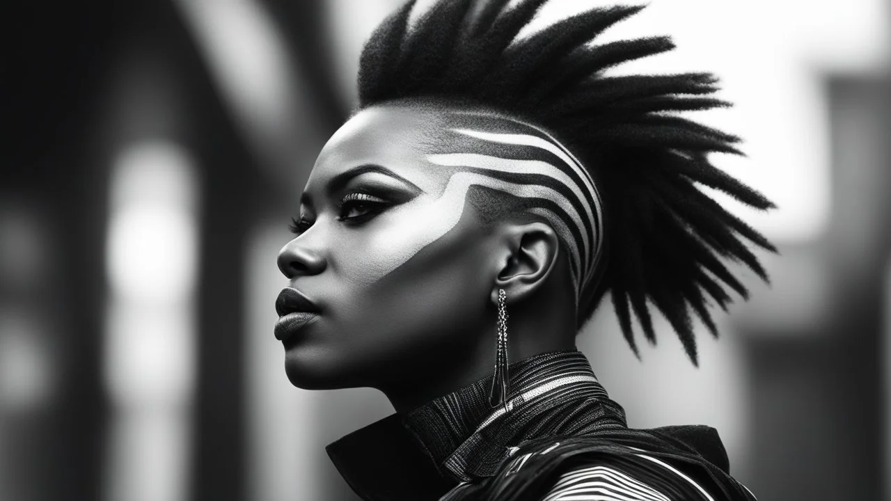 minimal profile of a female African cyberpunk wizard with a striking mohawk hairstyle and intricate shaved patterns on the side of their head, wearing a black and white horizontal thin striped shirt. The background is a blurred, high-contrast mix of black and white lines, suggesting motion and urban settings; overheat, dramatic, cinematic, sudden jolt dynamics, great parallels, great reflections, unsettling shadows, surreal futurist architecture art, surreal liminal space, tribal style,