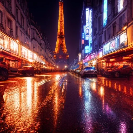 Cyberpunk street view in night, Paris, rain, ground reflection