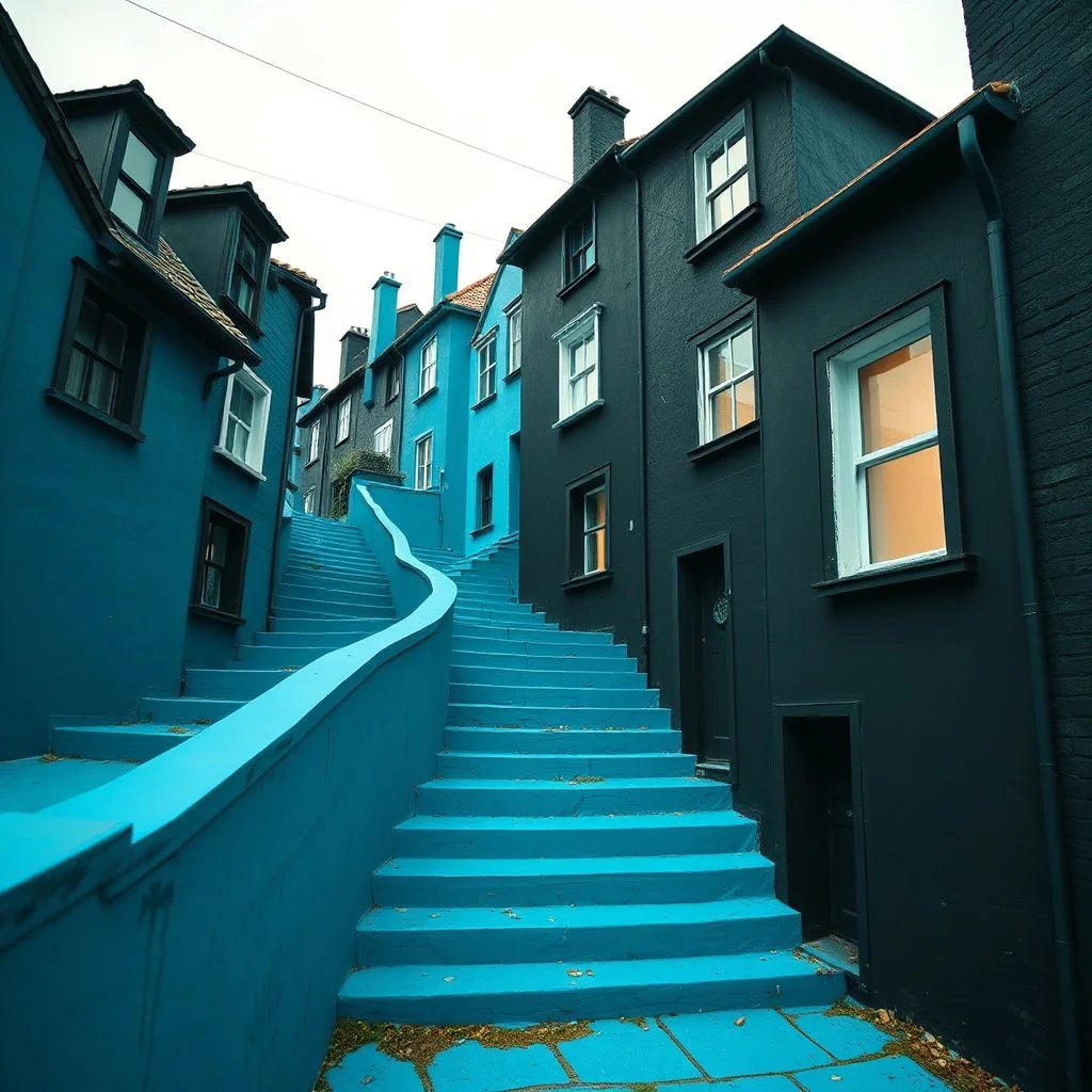 Fotografia di strada assurda e falsa orripilante blu weirdcore dai colori vivaci, liminalcore. Escher. Scale che scendono. Yves Tanguy. Non luogo falso, inusuale. Le case sono false e dipinte di nero chiaro con cose stilizzate e dettagli. Ci sono finestrelle false quadrate, che danno un senso distopico e molto surreale, disposte in modo casuale. L'atmosfera generale sembra noiosa e onirica, con un contrasto tra elementi reali ed elementi dipinti falsi, René Magritte, oddest things
