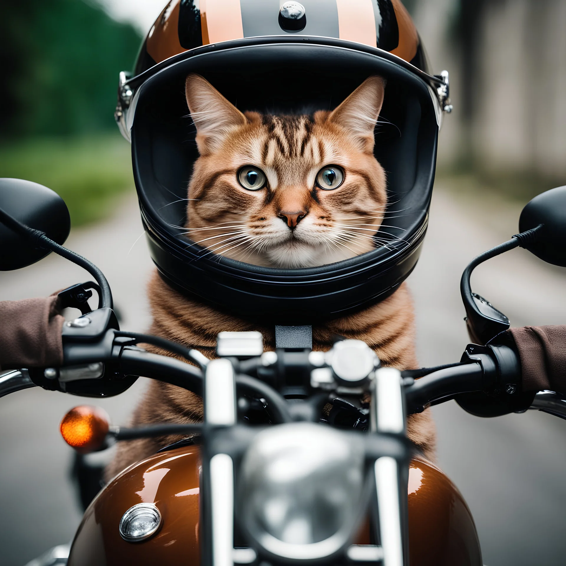 BEAUTIFUL HAPPY cat driving a motorcycle. photographic. realist.