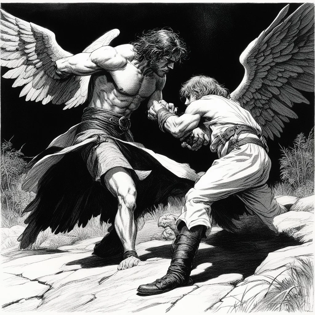 [illustration by Bernie Wrightson] Jacob wrestling with angel