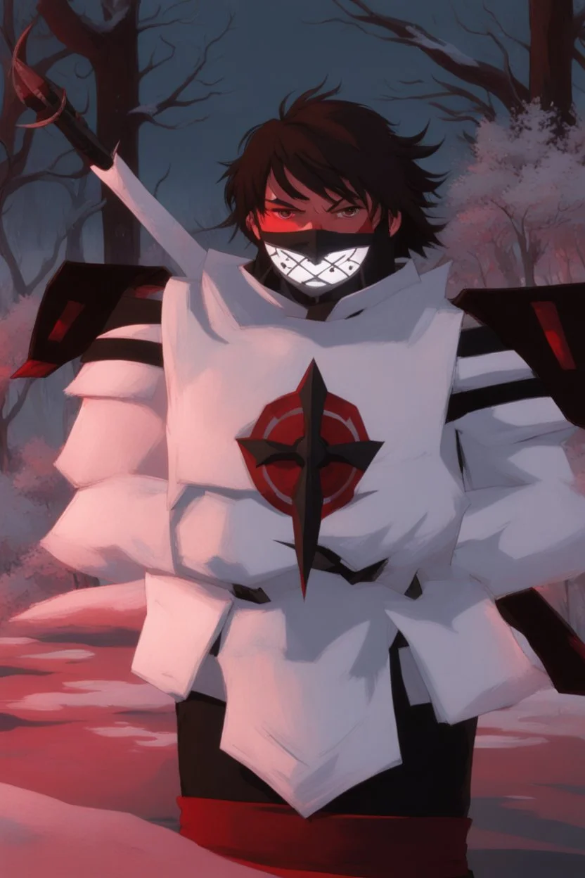 The character, in a striking white armour against a wintry backdrop stands with his hands behind his back inside the scene, he has a red and black circular symbol on his chest like a shield, a black pointed spear with a red handle on his back, His eyes are showing a dynamic expression and he wears a black oni mask with white teeth on it covering the bottom part of his mouth he has brown shoulder pads and a white belt with a bag attached to it. He has dark brown hair, he does not wear a helmet.