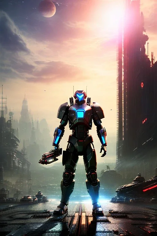 Futuristic armored warrior, portrait from waist up, intricate eyeliner, vibrant eyeshadow, clear completion, soft lighting, 4k resolution, intricate details, insanely detailed, colorful cityscape background, masterpiece, expert, cinematic smooth, retroanime style, realistic details