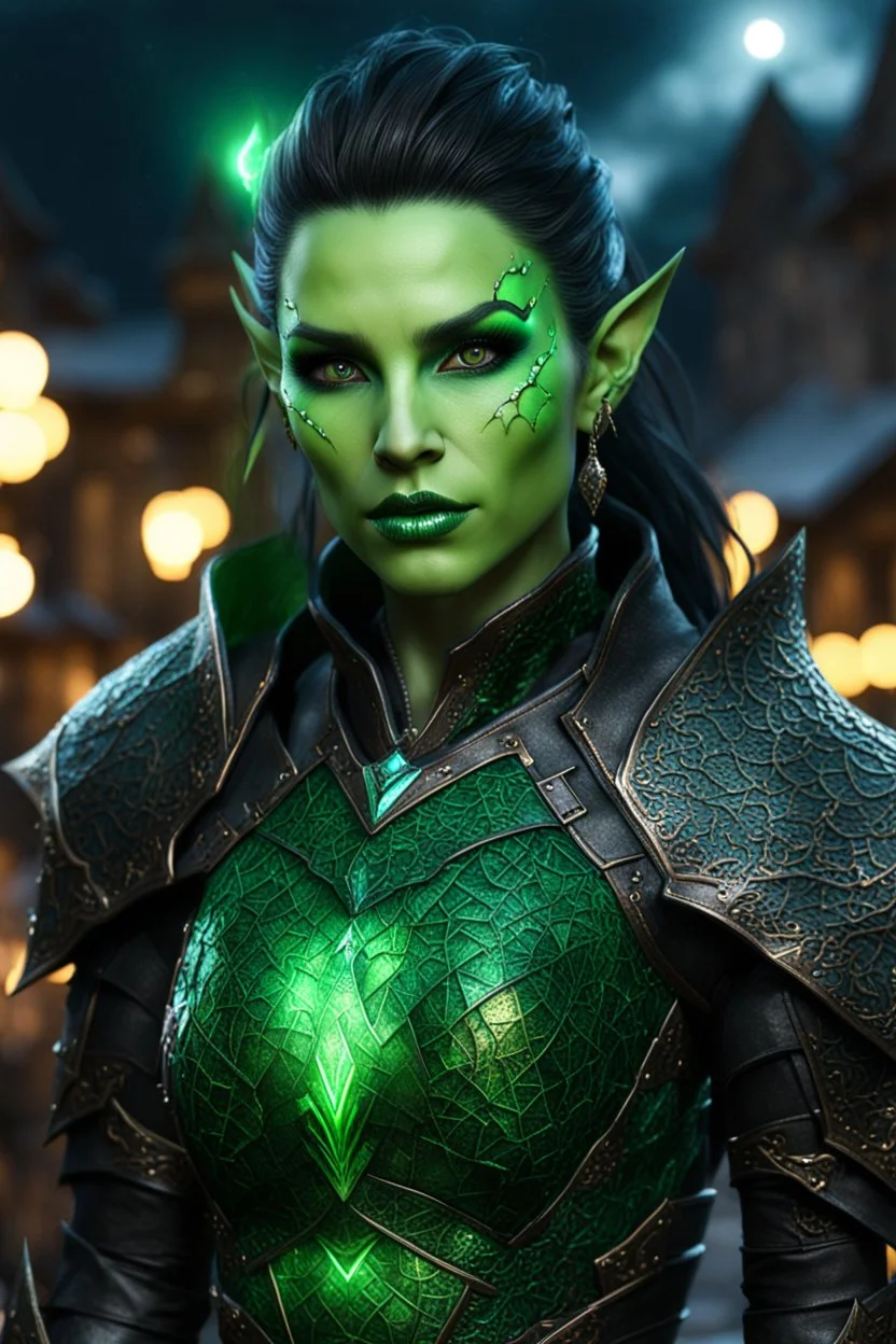 3.4 body shot, green skin,beautiful face, female gorgeous green skinnrf orc, 2 fang visible on mouth, thin, lightning crackle crested around her armor as symbols,dark hair, detailed glowing ornamental magical pattern armor, glowing gem crackling with lightning implanted on leather armor, 8k, high detail, market background, midnight, facing viewer, front facing