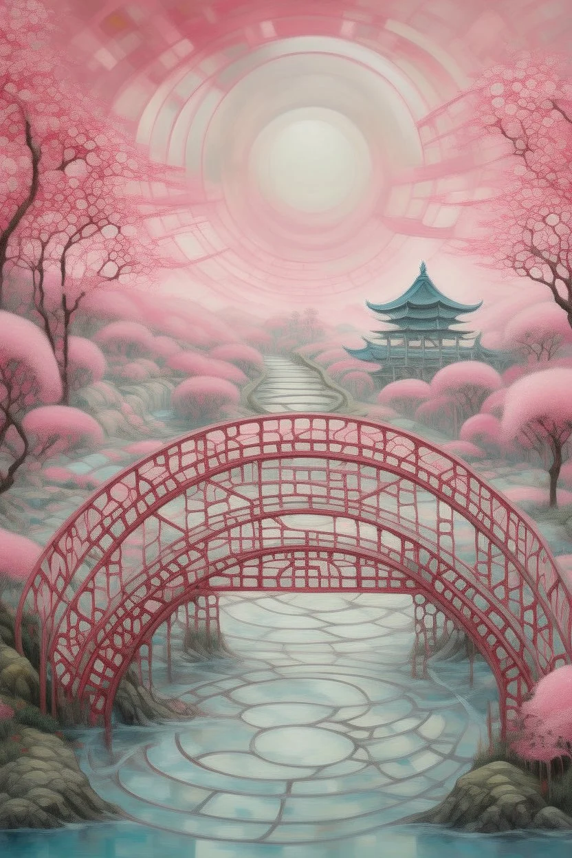 A light rosy pink mystical maze with a bridge painted by Zhang Lu