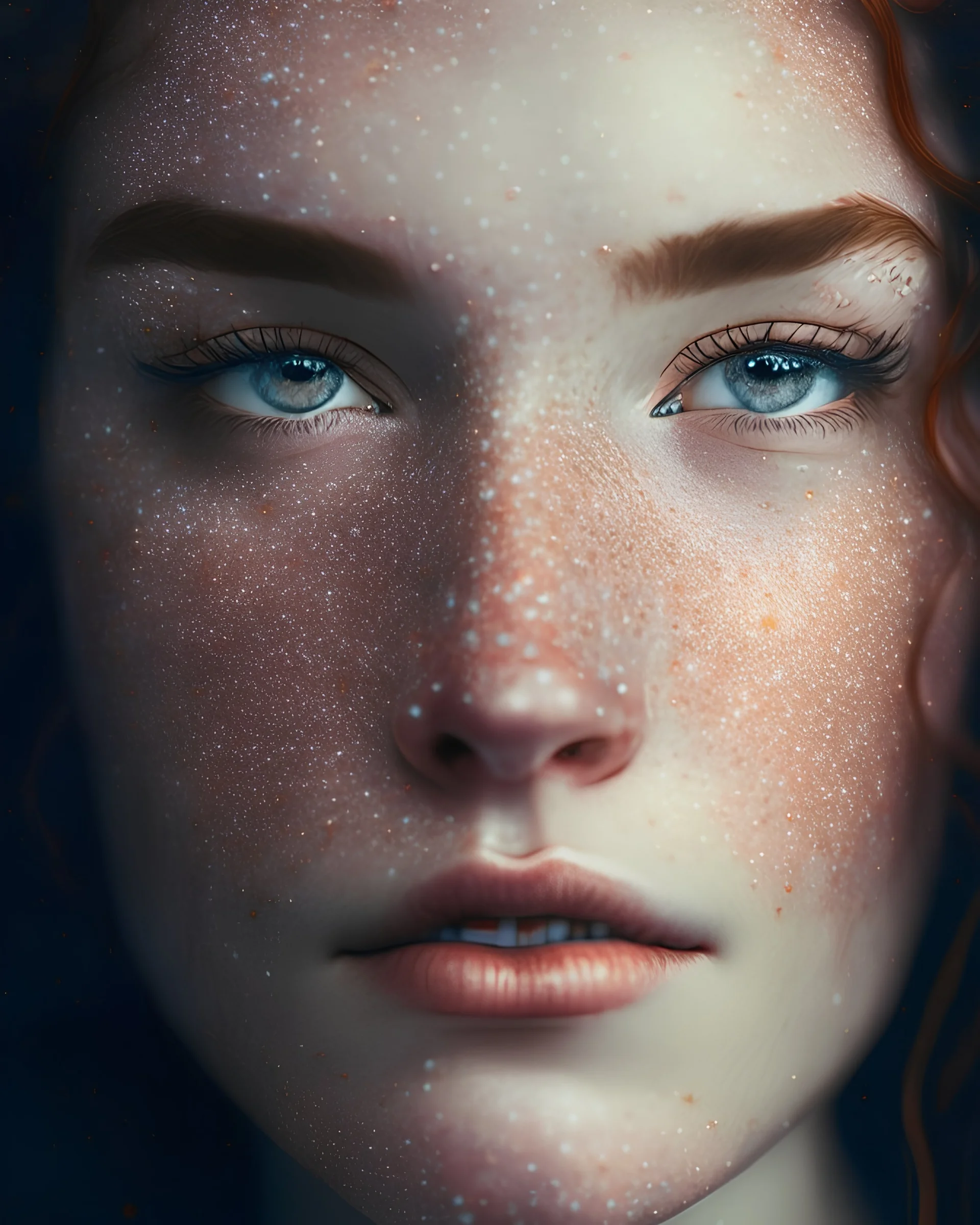 A close-up portrait of a woman with a cascade of freckles, resembling a constellation of stars across her face, highlighting the enchanting beauty of her natural features.