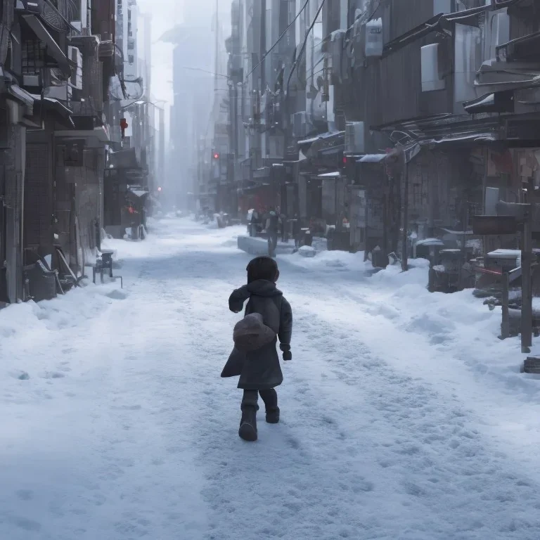 behind photo A young boy walking streets in tokyo post apocalyptic, snow