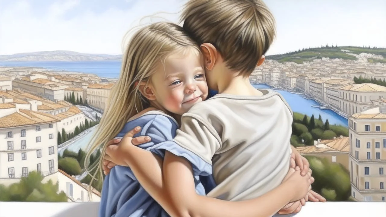 Neoclassicism child hugging other child realistic cote d'azur