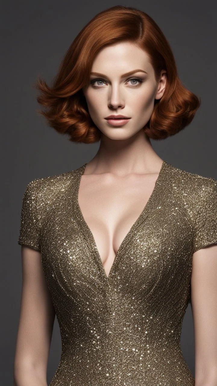 mix christina hendricks molly quinn alexandra daddario, short haircut, tanned skin, dark background, mid shot, full body, neutral expression, buzzcut hair, ultra realistic, highres, superb, 8k wallpaper, extremely detailed, intricate, limited palette,