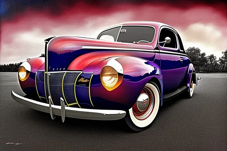 a true-to-life 1940 ford coupe, two-tone paintwork, classic hotrod wheels, pen and color marker, centered, intricate, extreme detailed, photorealism, center view, stylized random background, pivot on ford, painting by cheryl kelley