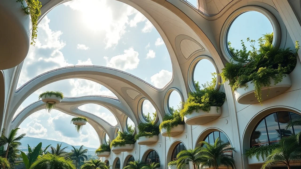 A series of arching, curved buildings with lush, hanging gardens integrated into their design. The buildings are made of a futuristic composite material that shimmers in the sunlight, with large, circular windows offering breathtaking views of the sky and greenery. Award-winning photograph, beautiful composition, exquisite detail and illumination