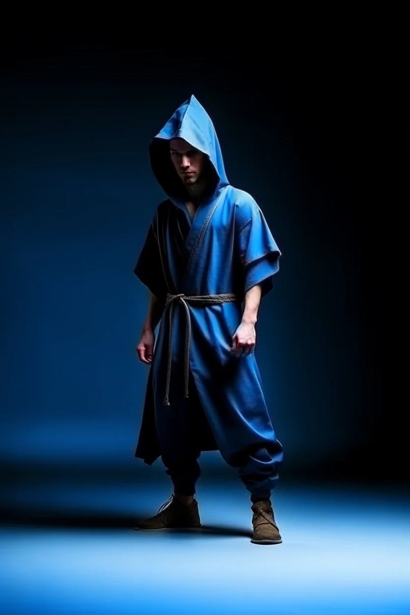 young human rogue in blue kimono clothing hood down full body