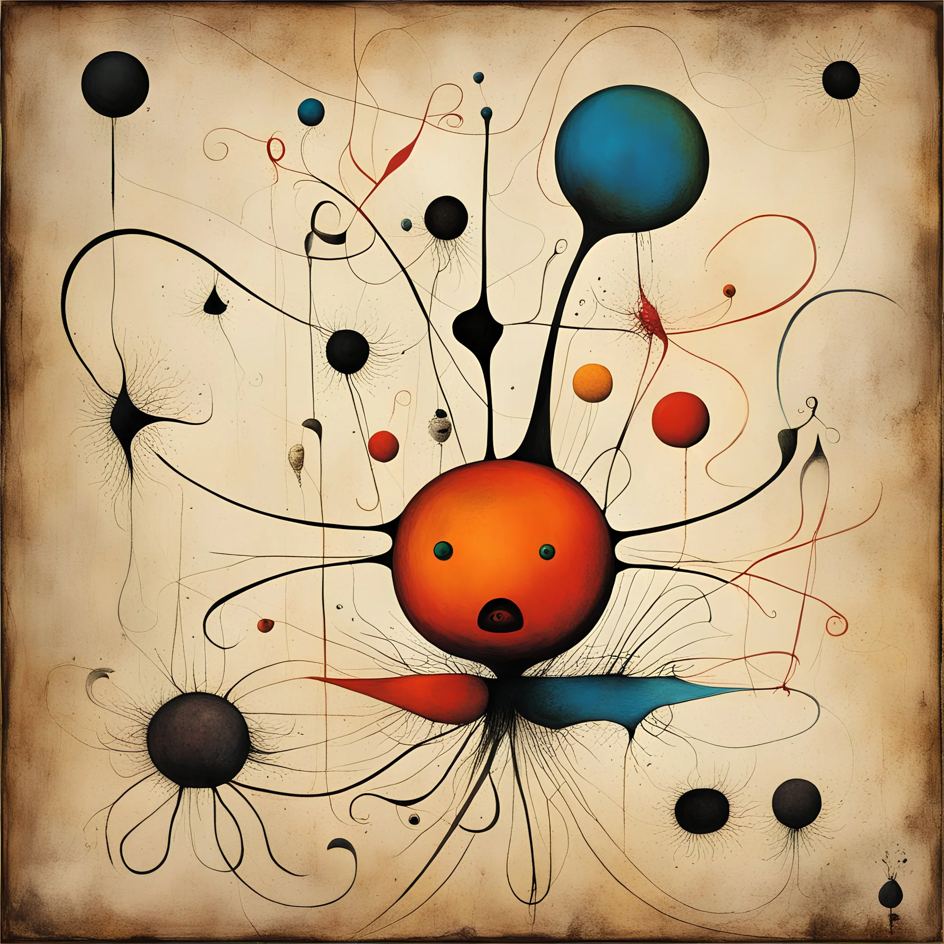 Mincing dropping fluent nudge, Joan Miro and Gabriel Pacheco deliver an abstract surreal masterpiece, bright colors, sinister, creepy, asymmetric,