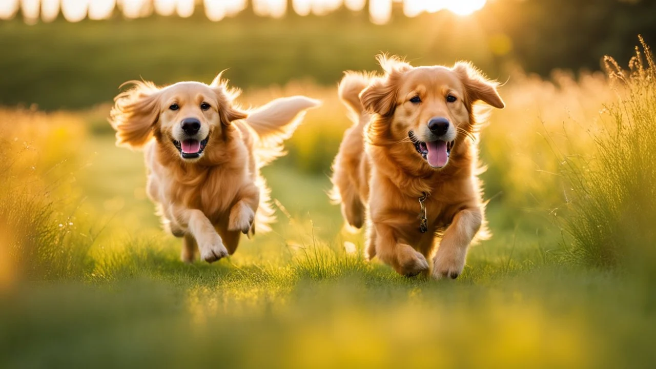 a joyful golden retriever running through a sunlit meadow, vibrant green grass, warm sunlight, dynamic action shot, happy and carefree, nature, energetic, high resolution, wide angle –upbeta