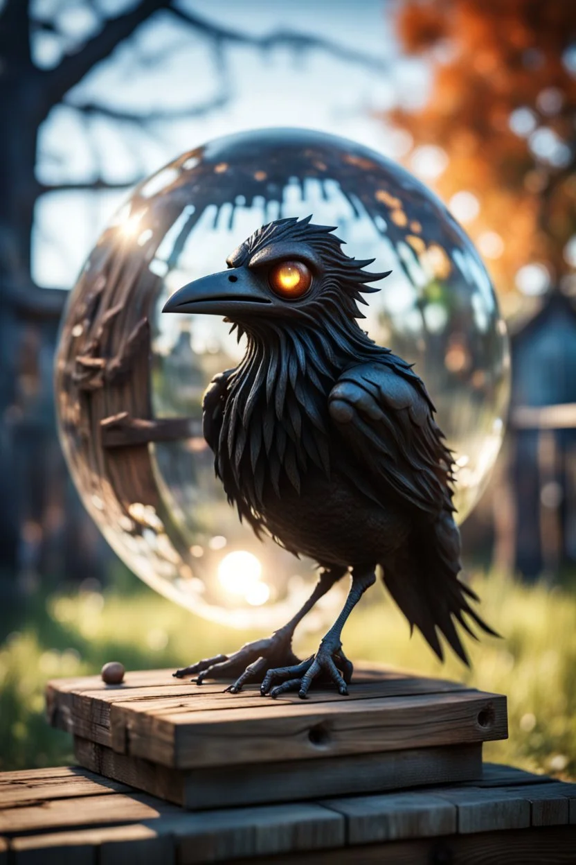 en stor krystallkule, og inni der en smilende zombie crow av tre foran 3d vrengt spesialeffekt plasma av et kastanjegjerde in the style of giger and fallout 4 ,,bokeh like f/0.8, tilt-shift lens 8k, high detail, smooth render, down-light, unreal engine