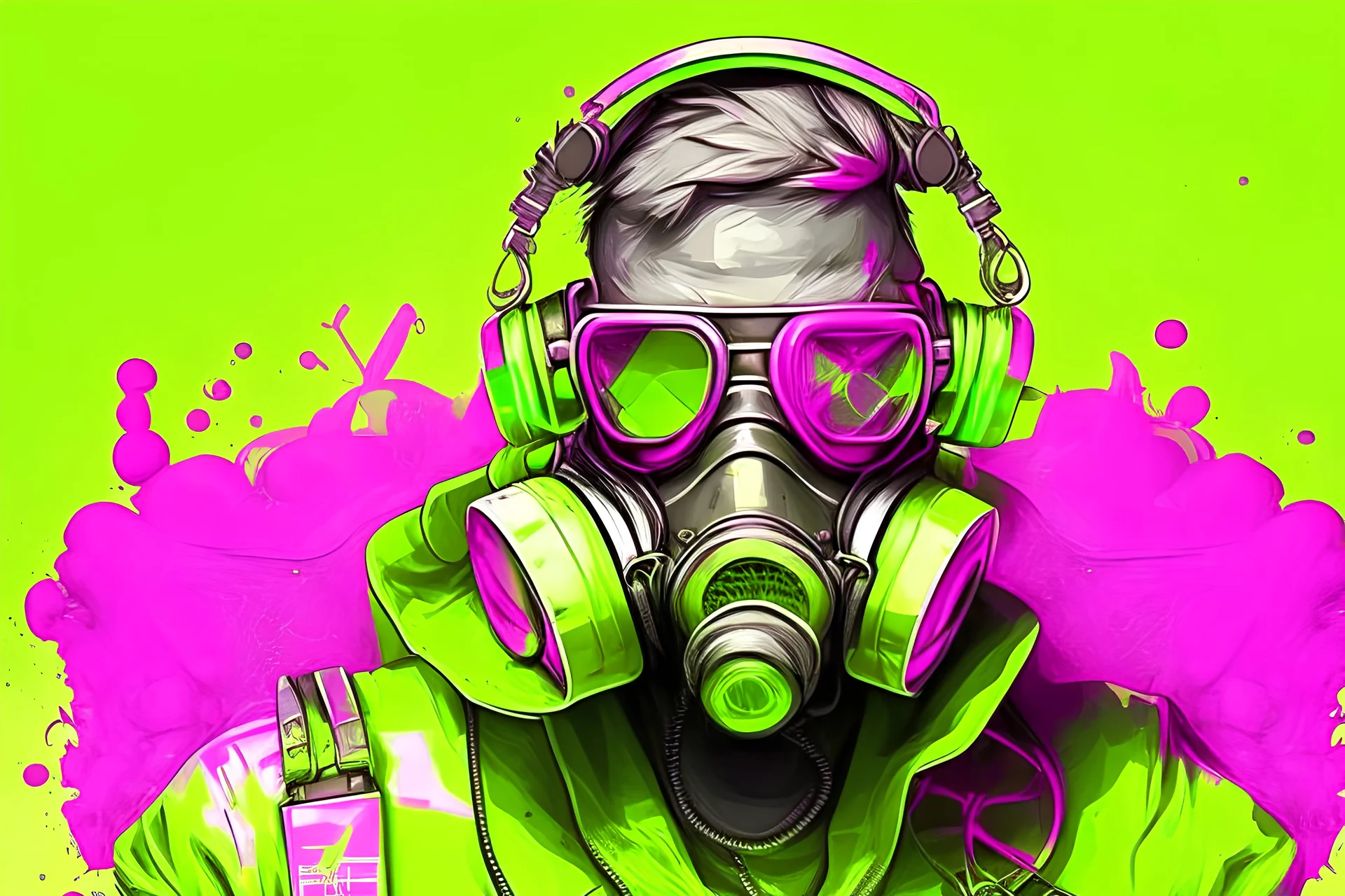 draw gas masked scientist with headphones and goggles. put a diamond necklace on him and make the theme yellow and green, background pink