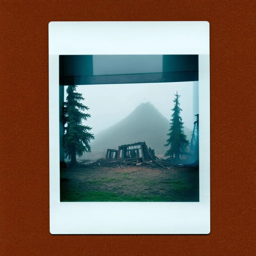 A polaroid photo of an odd room with structures. A transparent tarpaulin covers an image resembling a ruined building. There is a group of fir trees in the background and a high hill in the distance. The surface below is in a pastel color. Fog is present.