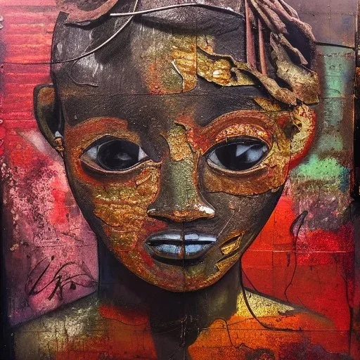 an abstract painting of rusted metal and flowers, african is beautiful faces ,rust, scaffolding, iron cladding, decay, mixed media, textured, anatomically correct, beautiful perfect face, sharp focus, highly detailed