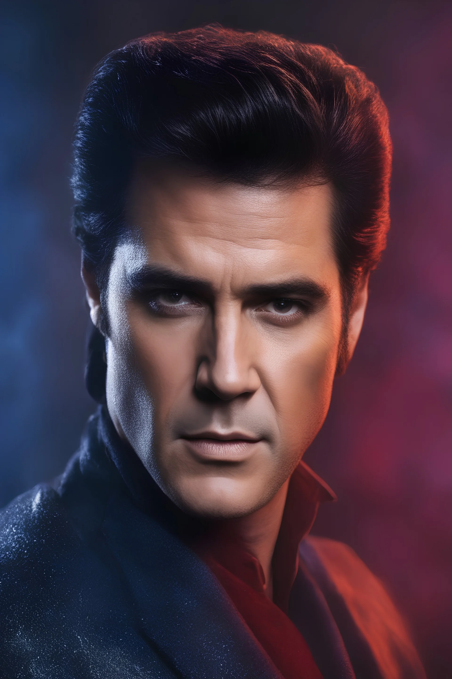 facial portrait - Elvis Mel Gibson - 32k, UHD, 1080p, 8 x 10, glossy professional quality digital photograph - dark blue and dark red, and light maroon and purple and foggy black gradated background, historic, powerful, octane rendering, exquisite detail, 30 - megapixel, 4k, 85 - mm - lens, sharp - focus, intricately - detailed, long exposure time, f8, ISO 100, shutter - speed 1125, diffuse - back - lighting, ((skin details, high detailed skin texture)), (((perfect face))),