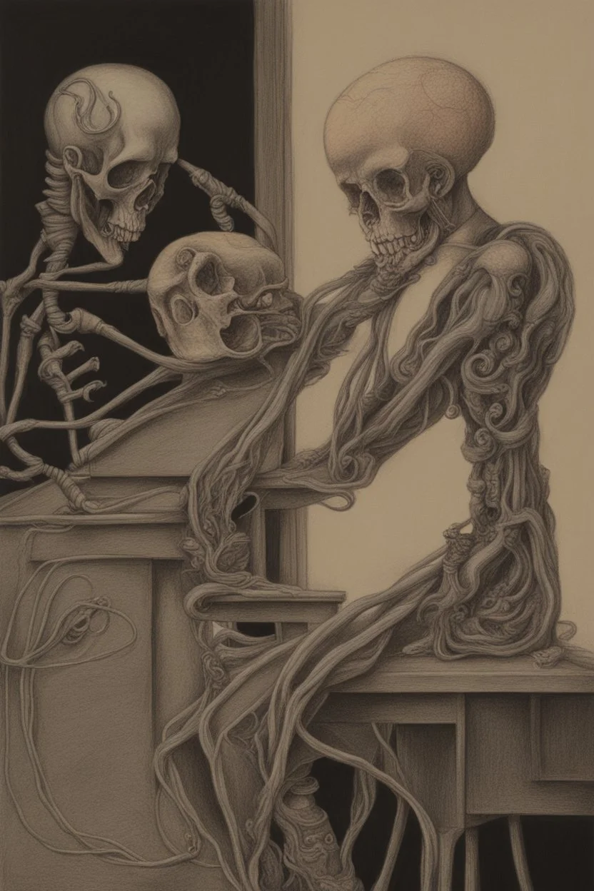 unsated lust on tech can lead to an untimely death; Surrealism; pastel pencils over black ink