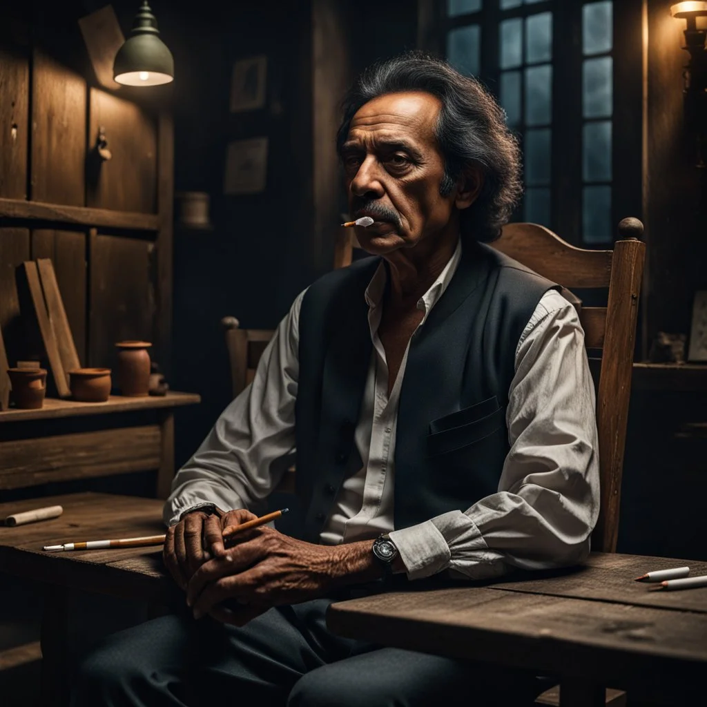 Hyper Realistic Jaun Elia Poet Sitting A Wooden Chair In His Dark Room Writing Poetry With Cigarette In His Other Hand On A Rustic Table With Moonlight Rays coming from Window At Dark Night With Cinematic & Dramatic Ambiance.