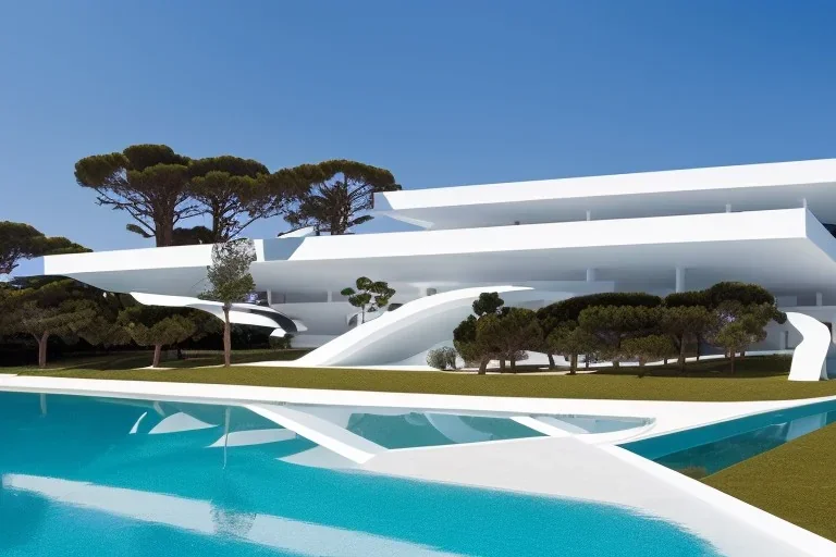 algarve in quinta do lago, one straight line building of 250 meters long pool on the rooftop of that modern luxury architecture building made in white render, wood and gold metallic pergolas with pool on rooftop, overlooking a slope with pinus pinea