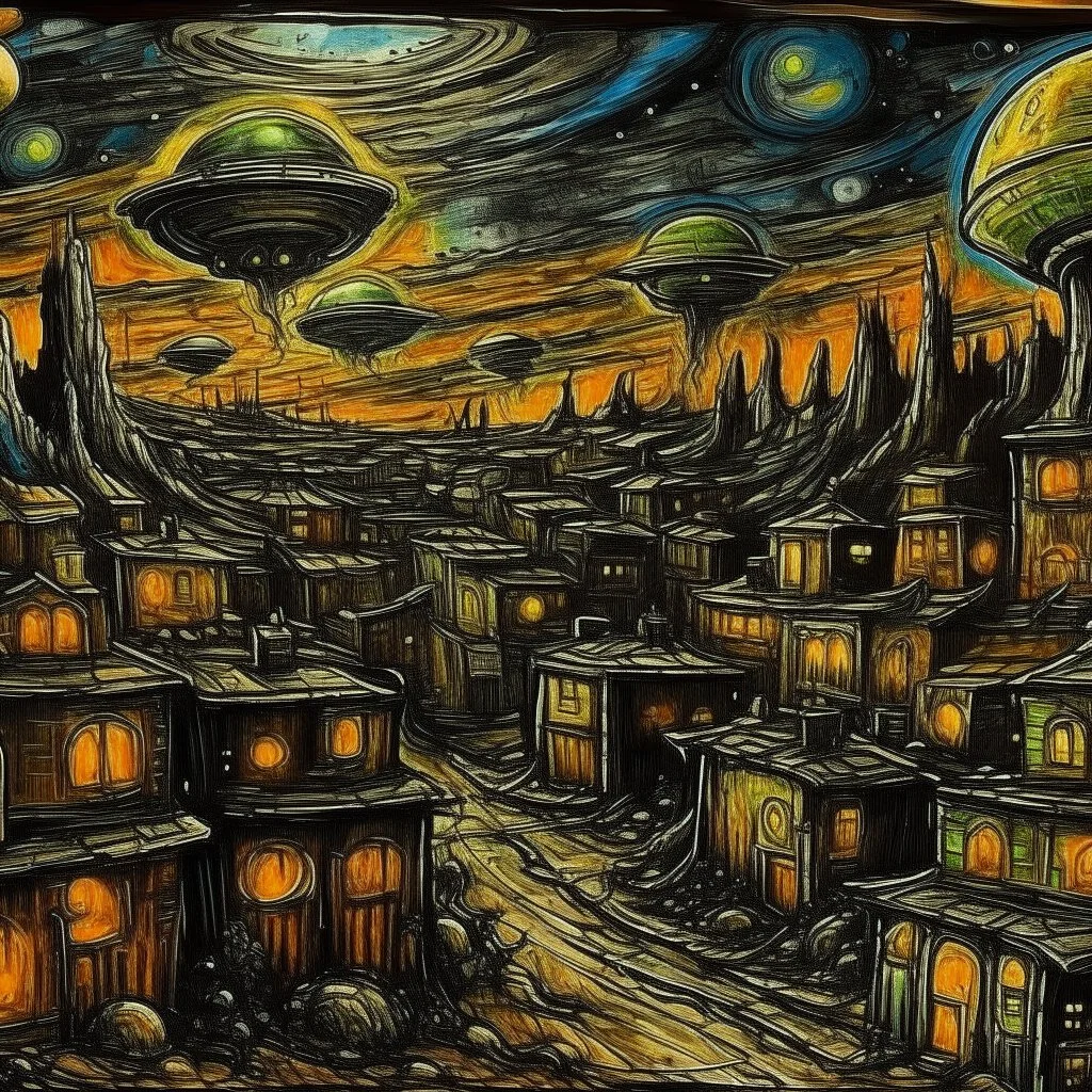 A black alien city with UFOs painted by Vincent van Gogh