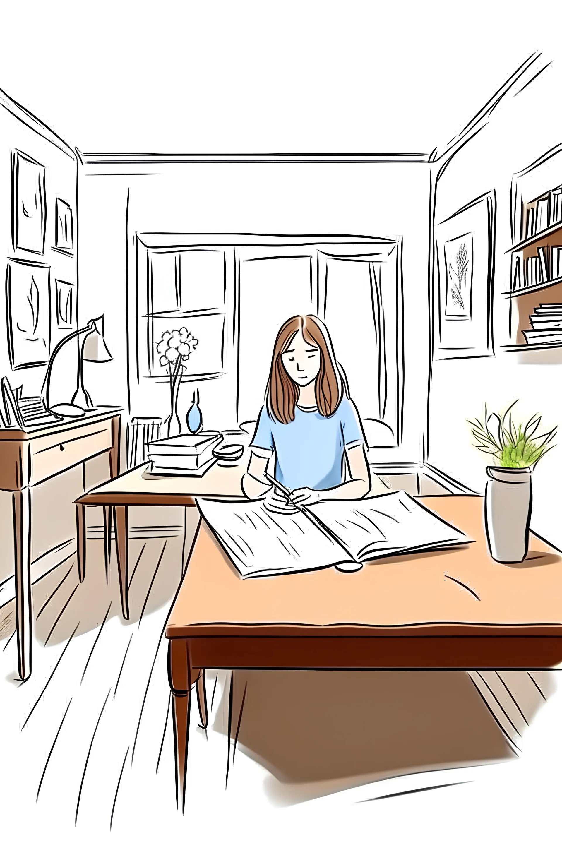 Draw a teenage girl at a big table far away studying living room front