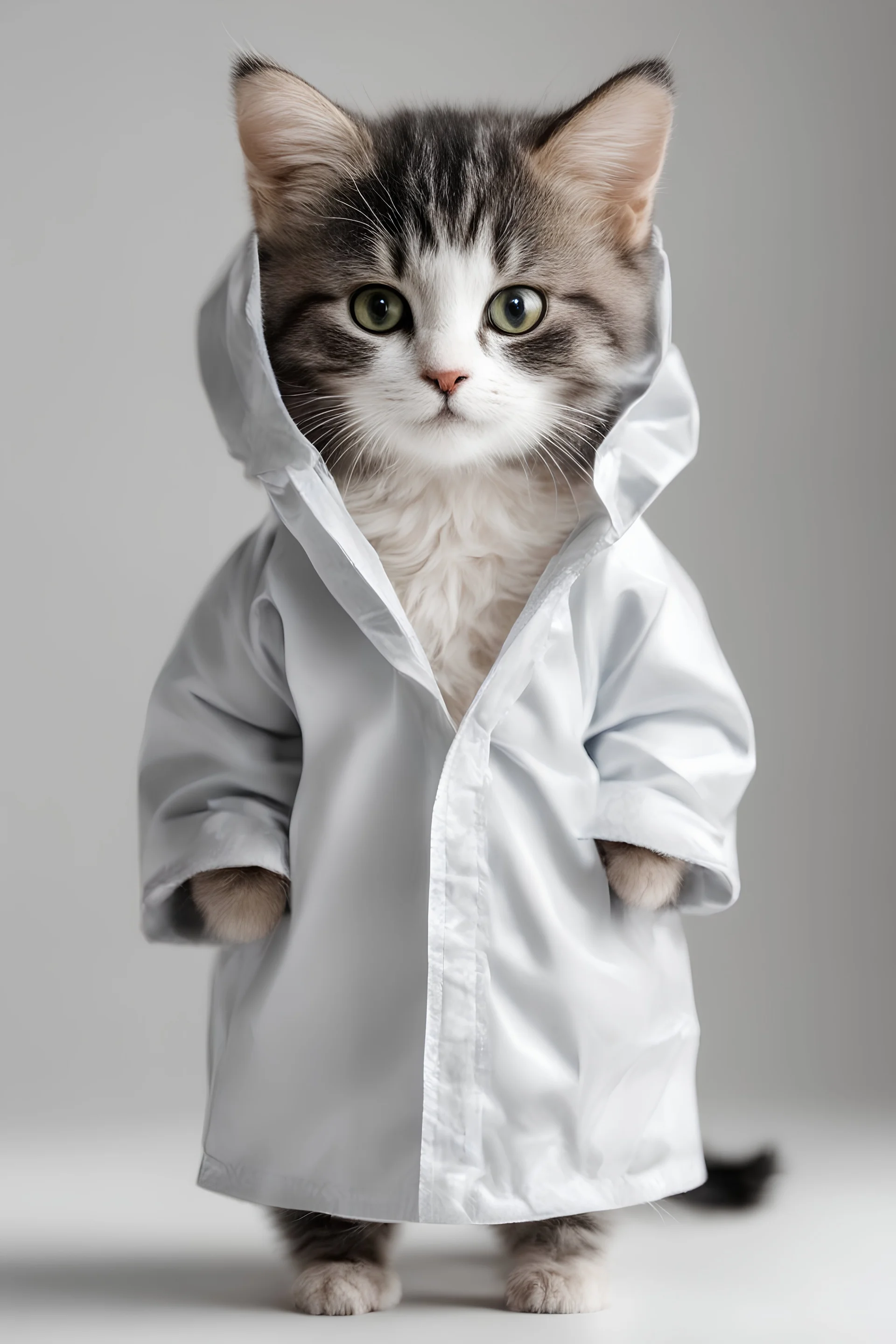 baby cat in raincoat. Chibi, Photograph, Canon DSLR, Tilt - shift, white background, high definition, Complete and coordinated composition, 8k
