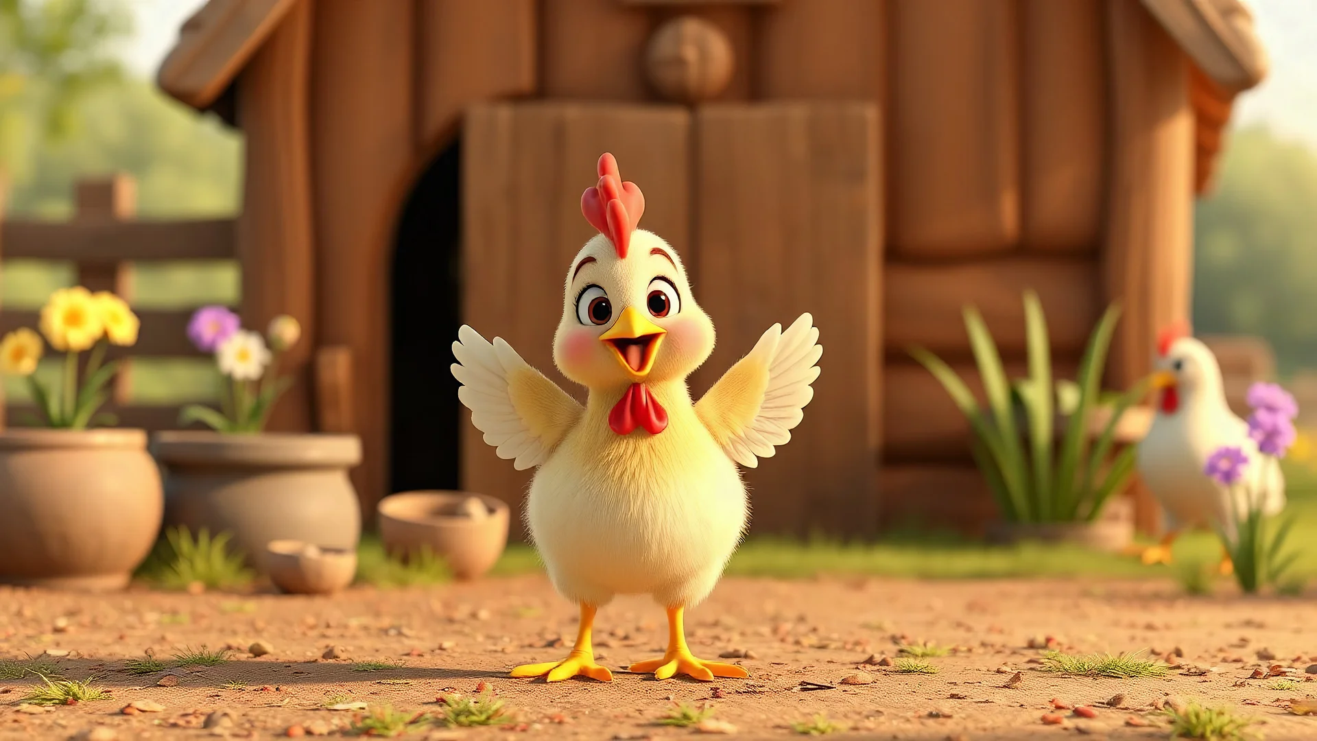 3D render, Disney style animation, cute baby chicken dance on the farm