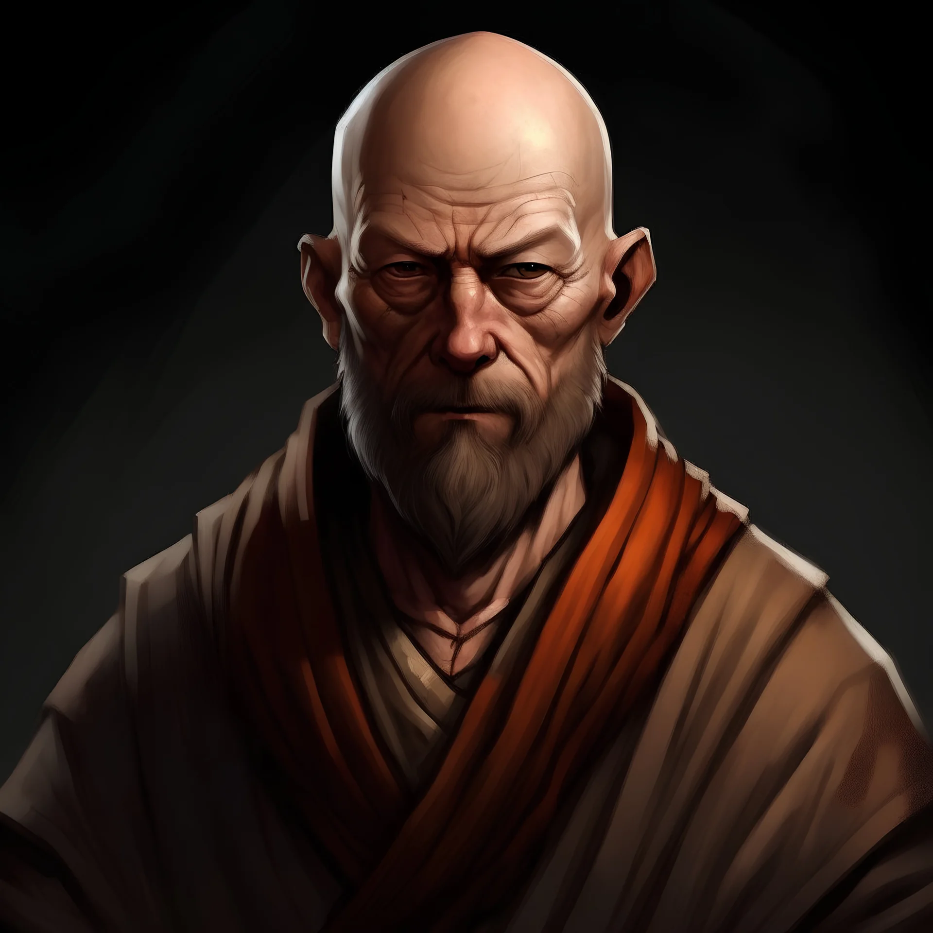 bald human monk, auburn beard, scarred face, grey robes