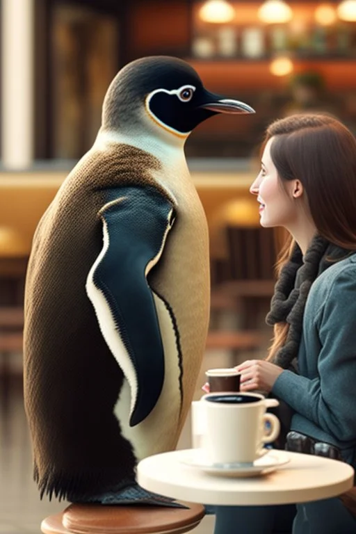 young woman talk to a penguin in coffee-shop