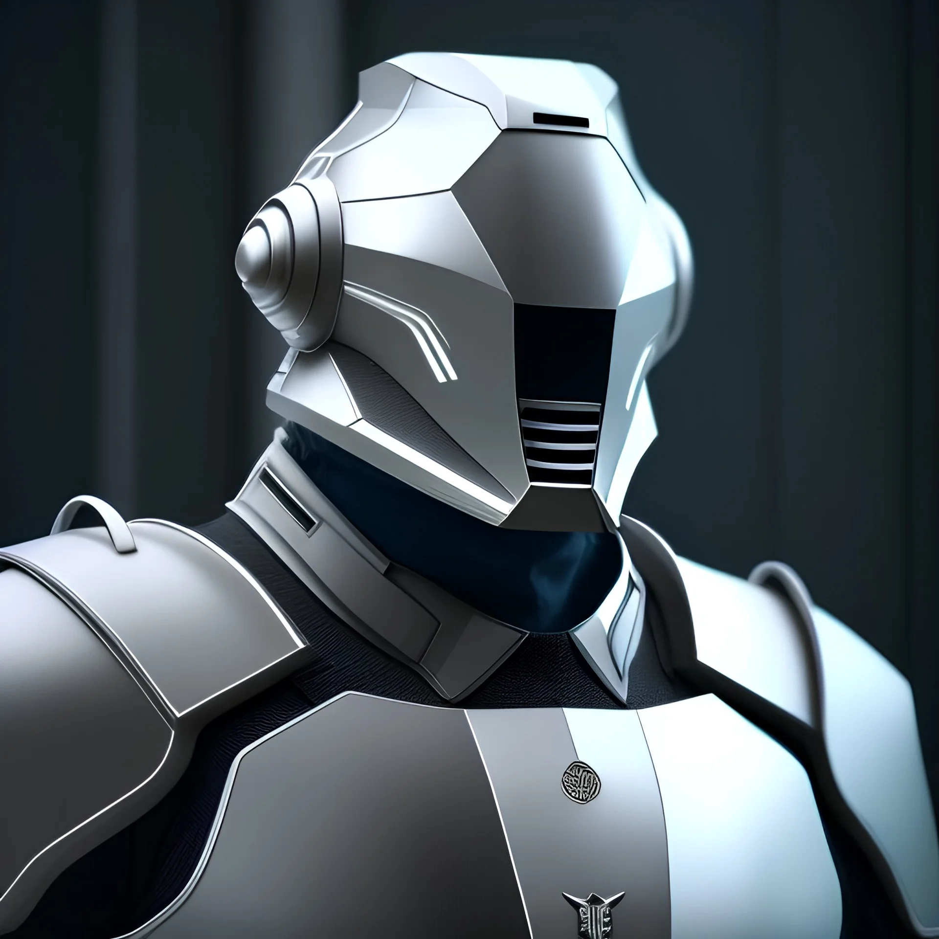 Hyperrealism 3D render of a 7 foot tall man in bulky matte grey futuristic segmented fully enclosed suit of powered armor with oni full face helmet, power pack and bulky gauntlets, in the style of Appleseed Alpha