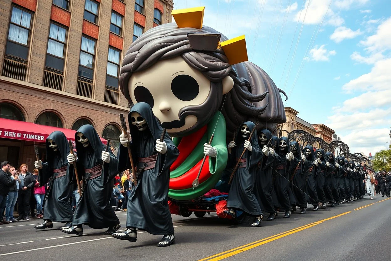 cartoonish jesus parade balloon pulled by multiple grim reapers, multi colored, bright, vivid, psychedelic, high detailed, high gloss, insanely detailed, matte, horrorcore, lining the street, unsettling contrast, monument to death, live action shot grim reaper parade, pulling a jesus parade float